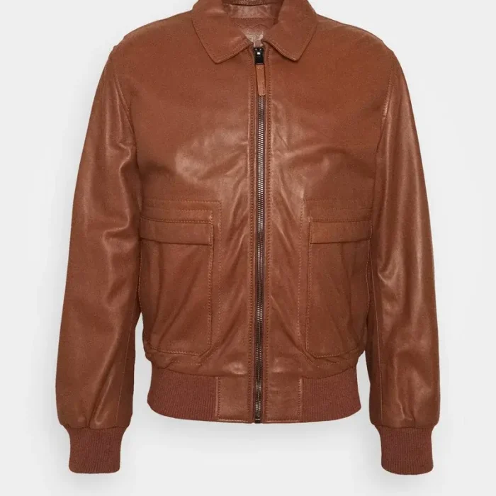 Men`s Brown Lambskin Leather Bomber Jacket
