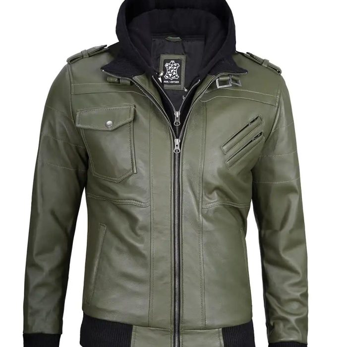 Men`s Green Real Leather Hooded Jackets