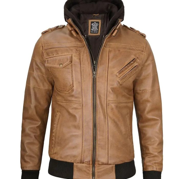 Men`s Brown Real Leather Hooded Jackets