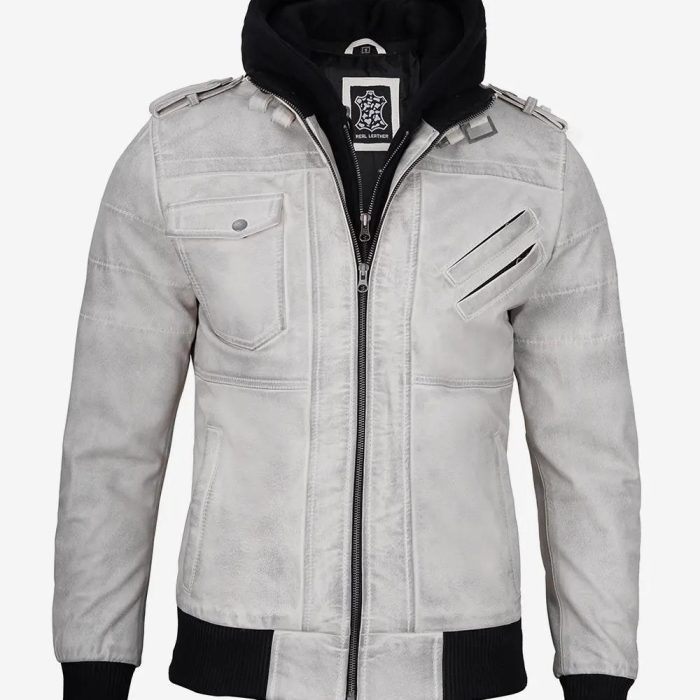 Men`s Off White Hooded Leather Jackets