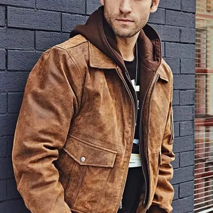 Men`s Brown Sheepskin Leather Hooded Bomber Jackets