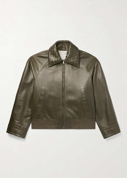 Men`s Olive Green Leather Bomber Jacket