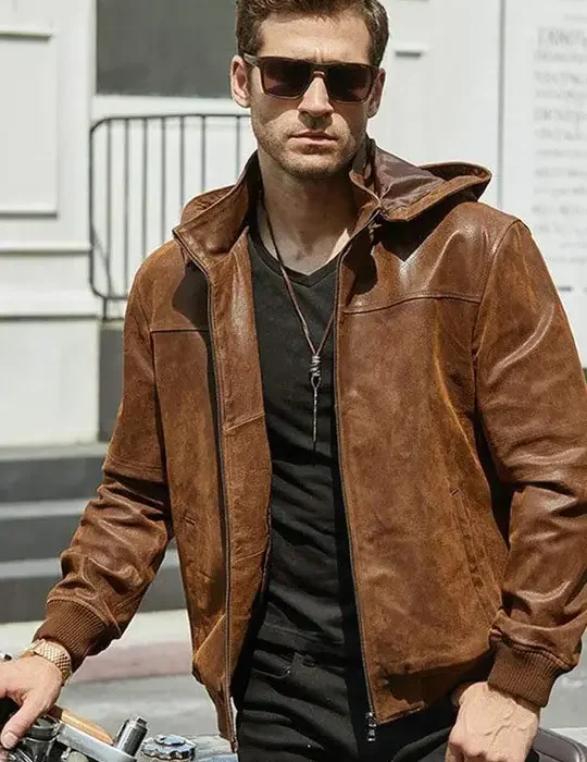 Men`s Brown Real Leather Hooded Jackets